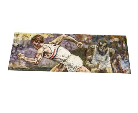 Sporting Paintings and Prints, The Athletics Sprinter, Gerry Blood (born 1932), oil on board, 113cm x 45cm, painted for the 1