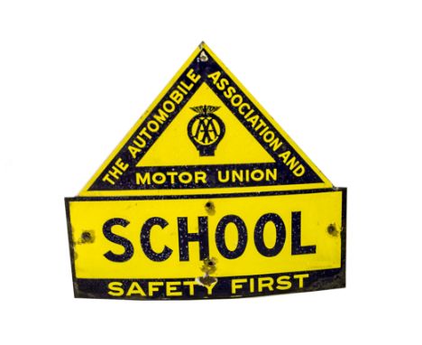1920s AA and Motor Union School Sign, a blue and yellow triangular enamel sign inscribed School Safety First by K Francis Sig