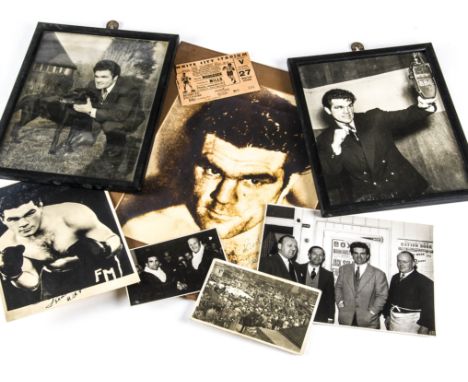 Freddie Mills, a collection of seven photographs, two framed that includes a postcard of him training at The Airman pub, sign