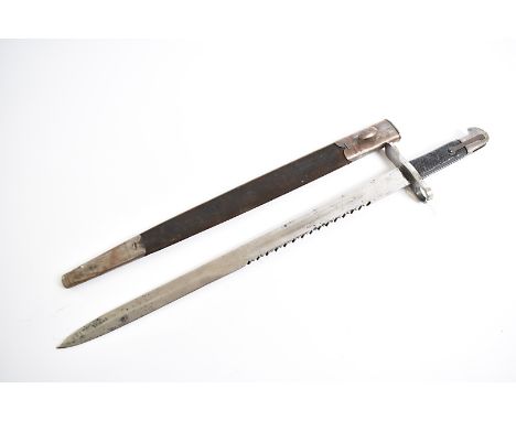 A British 1875 pattern Volunteer's sawback bayonet, having makers mark to the blade, complete with leather and metal scabbard