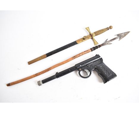 A small Wilkinson Sword short sword, together with a small tribal spear and a Gat Gun, AF 