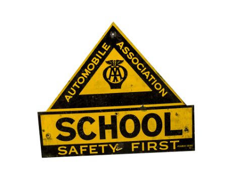 AA School Sign, a yellow and black enamel triangular sign inscribed School Safety First by Franco Signs, 66cm wide x 56cm hig
