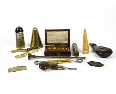 A selection of Firearm accessories, to include a Hargraves leather powder flask, Degrave Short &amp; Co Standard decimal Part