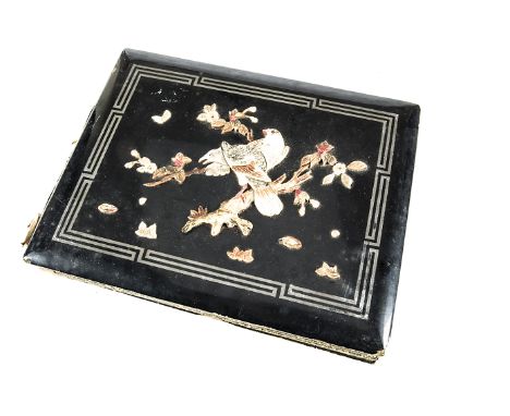 A Japanese Shibiyama empty Lacquer Postcard Album,  Oriental tourist souvenirs and handbags, and various cigarette cards, fro