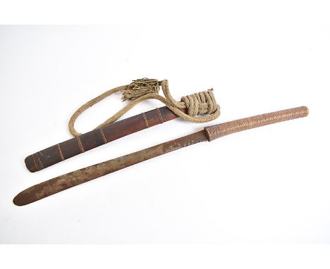 A Burmese Dha Montagnard sword, complete with scabbard, blade AF blade rusted