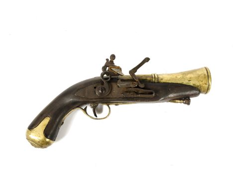 A 19th Century Tower flintlock blunderbuss pistol, having crown stamp to the lock plate, wooden body with applied brass octag