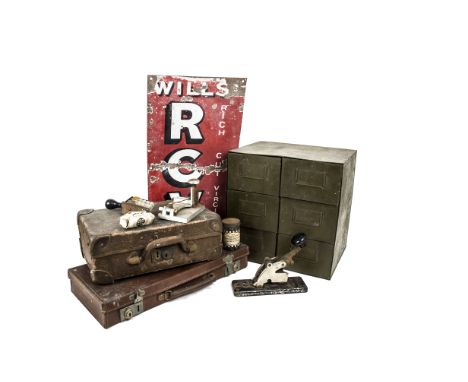 Wills RCV Enamel Sign Swan Ink Crate and Other Items, an enamelled Wills RCV Tobacco sign with white text on a red ground (so