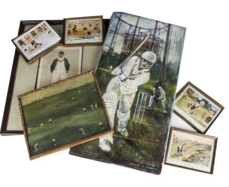 Cricket Painting and Prints, Denise Rooum (1929 - circa 2010), Gasworks End (Bradford), left-handed batsman in mid stroke, si