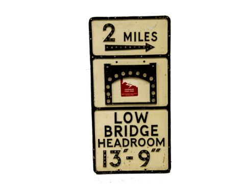 Pre Warboys Low Bridge Sign, an alloy example black on white, inscribed Low Bridge Headroom 13' -9" 2 Miles with direction ar