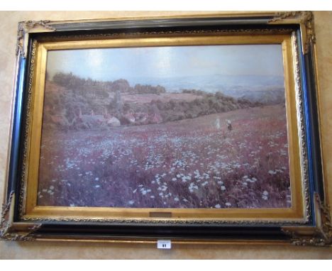 An Oleograph after E. Wilkins Waite, Titled 'The Daisy Field', in a decorative black and gilt frame.