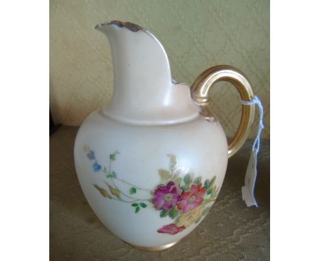 A Royal Worcester Shape 1094 Jug, having floral decoration on a blush ground, base with printed marks and date code for 1907.