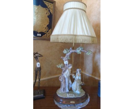 A Capodimonte Figural Table Lamp of Lovers, on an oval wooden base, with shade.