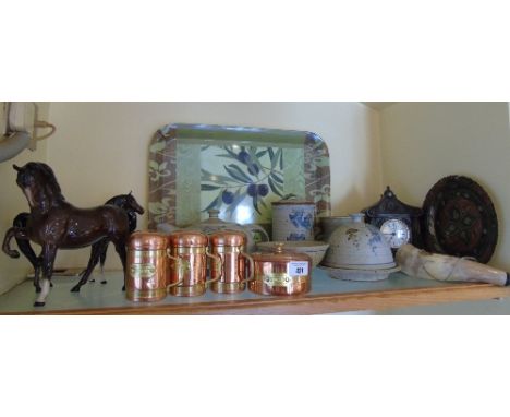 Shelf: A Royal Doulton Figure of a Horse, Four Copper & Brass Canisters, a Genesis Clock, Pottery, etc.