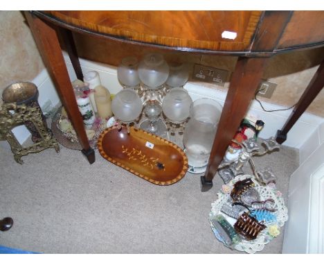 A Glass & Silver-Plate Table Lamp, and a Silver-Plate Four Branch Candlestick, and other items.