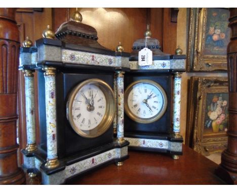 A 19th Century Design Mantel Clock with Cloisonné Style Pillars and another similar.