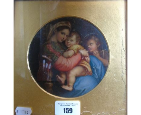 A Painting of The Holy Family, framed, possibly an overpainted print. Diam. 5ins.