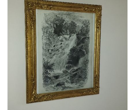 A 19th Century Monochrome Print of a Waterfall in a beautiful plaster gilt frame with beaded outline, corners with foliate de
