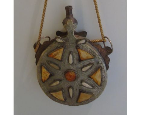 A Brass Flask Inset with Stones, two small prints on fabric, copper bells & a trio frame (5).