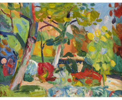 HARALD DUWE1926 Hamburg - 1984 TremsbüttelPARKLANDSCHAFT Öl auf Platte. 36 x 48 cm (R. 58 x 69,5 cm). Unten links monogrammie