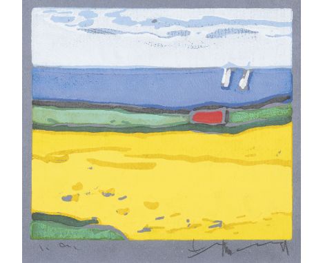 KLAUS FUSSMANN1938 VelbertRAPS VOR DER OSTSEE (2001) Farblinolschnitt auf blauem Büttenpapier. DM 17 x 19 cm, SM 20,5 x 22 cm