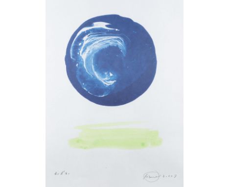 OTTO PIENE1928 Laasphe - 2014 BerlinBLAUER PLANET HANDUNTERMALT (2003) Farboffset auf Papier, mit grüner Farbe untermalt. BM 