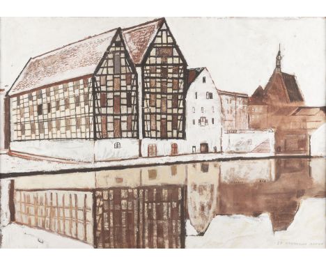 HANNA DABKOWSKA-SKRIABIN1932 Warschau - 2013 JózefówWINTERLICHES STADTPANORAMA AM FLUSS (1964) Mischtechnik auf Papier. SM 42
