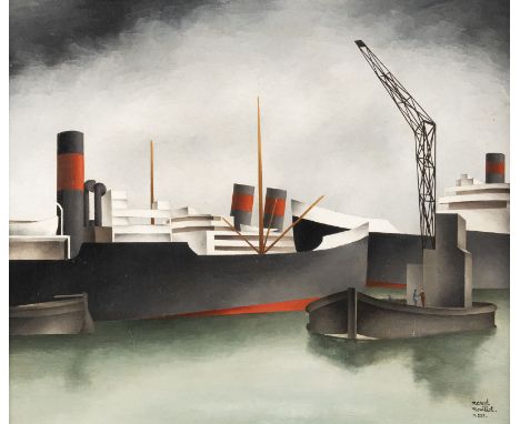 MARCEL MOUILLOT1889 Paris - 1972 BrestFRACHTSCHIFFE IM HAFEN VON LA JOLIETTE (MARSEILLE) Öl auf Leiwand. 54 x 65 cm (R. 75 x 