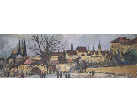 FRANTISEK EMLER1912 Pschelautsch, Tschechien - 1992 PragSTADTPANORAMA Mischtechnik auf Platte. SM 33,5 x 97,5 cm (R. 36,5 x 1