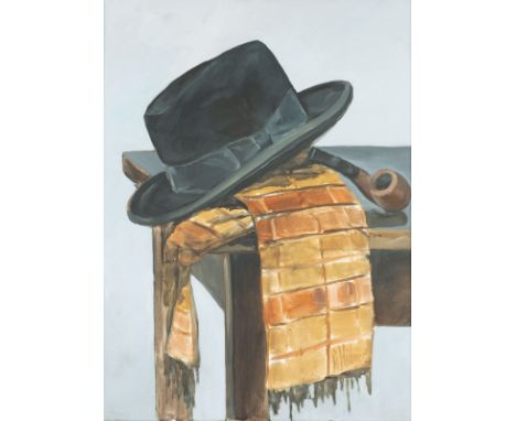 NIELS-OLAF HÜBNER1984 Haan'STILLLEBEN MIT HUT, PFEIFE UND SCHAL' (2009) Öl auf Nessel. 60 x 45 cm (R. 61 x 46 cm). Unten rech