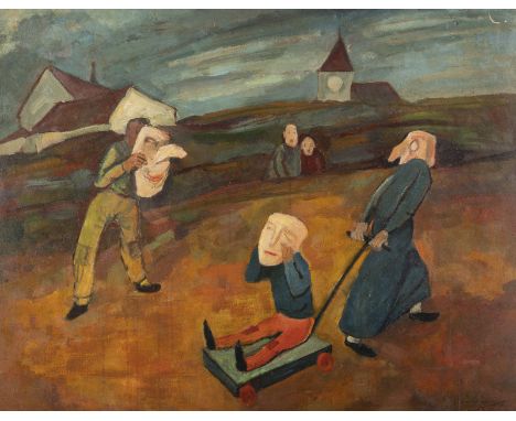 WALTER WELLENSTEIN1898 Dortmund - 1970 Berlin'KINDER SPIELEN MIT MASKEN' (1946) Öl auf Karton. 63,5 x 80 cm (R. 64,5 x 81 cm)