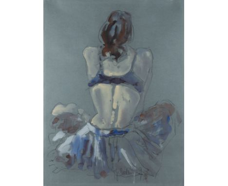 IRIS BODENBURG1958 Halle (Saale)TÄNZERIN (1996) Mischtechnik auf bläulichem Papier. BM 62 x 48 cm (R. 91 x 71 cm). Unten mitt