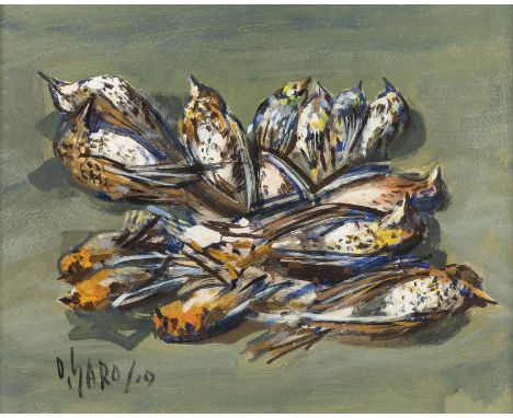OTTORINO GAROSIO1904 - 1980STILLLEBEN MIT RAUBVÖGELN ('UCCELLI DA ROCCOLO') Öl auf Platte. 40 x 50 cm (R. 82 x 72 cm). Unten 