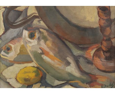 JANE DUBOEtätig im 20. Jh.STILLLEBEN MIT FISCHEN UND ZITRONE (c. 1956) Öl auf Pappe. 36 x 49 cm (R. 50 x 65 cm). Unten recht 