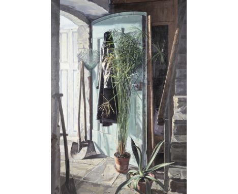 SEBASTIAN WALTER-LILIENFEIN1959 DüsseldorfINTERIEUR MIT GARTENBAMBUS (1990) Öl auf Leinwand. 140 x 99 cm (R. 152 x 111 cm). U