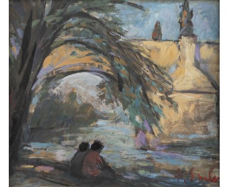 FRANTISEK EMLER1912 Pschelautsch, Tschechien - 1992 PragZWEI FIGUREN VOR DER KARLSBRÜCKE IN PRAG Öl auf Karton. SM 27 x 32 cm