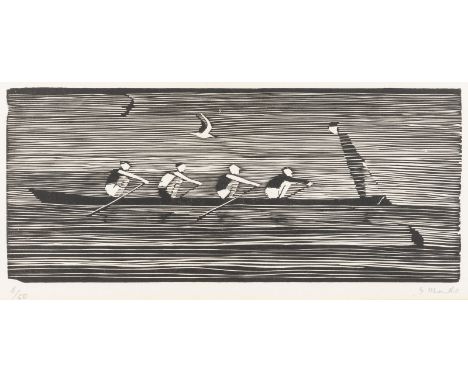 GERHARD MARCKS1889 Berlin - 1981 Burgbrohl'VIERER AUF DER ALSTER' (1956) Holzschnitt auf Japanpapier. DM 13,5 x 32,3 cm, SM 1