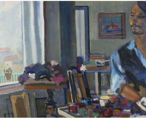 OTTORINO GAROSIO1904 - 1980SELBSTPORTRAIT IM ATELIER Öl auf Platte. 62 x 78 cm (R. 81 x 97 cm). Hinter Glas gerahmt (ungeöffn