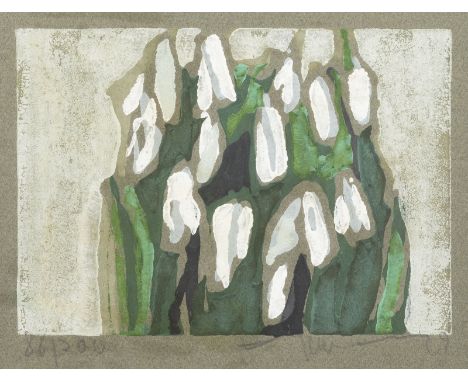 KLAUS FUSSMANN1938 VelbertSCHNEEGLÖCKCHEN Farblinolschnitt auf grünlichem Papier. SM 18 x 23 cm, DM 13 x 18,5 cm (R. 24,5 x 2