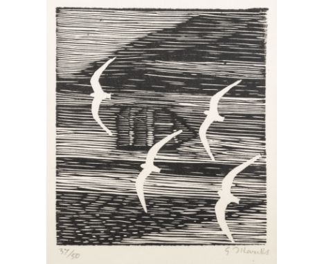 GERHARD MARCKS1889 Berlin - 1981 Burgbrohl'MÖWEN UND SEGELSCHIFF' (1958) Holzschnitt auf Velin. DM 17,8 x 15,8 cm, SM 18 x 20