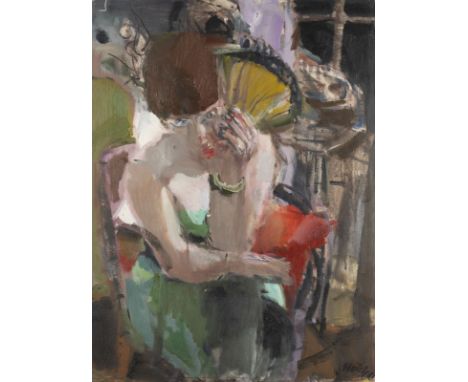 BERNHARD HEISIG1925 Breslau - 2011 StrodehneDAME MIT FÄCHER  (1981) Öl auf Leinwand. 80 x 60 cm (R. 95 x 75 cm). Unten rechts
