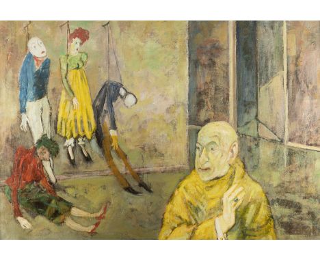 WALTER WELLENSTEIN1898 Dortmund - 1970 Berlin'GELBER DOMINO, VON MARIONETTEN ERSCHRECKT' (1947) Öl auf Leinwand. 68 x 98 cm (
