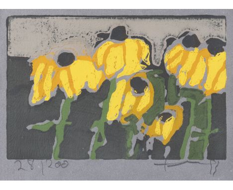KLAUS FUSSMANN1938 Velbert'ASTERN (GELB)' (1993) Farblinolschnitt auf blauem Büttenpapier. DM 12 x 18 cm, SM 15 x 21,5 cm (R.