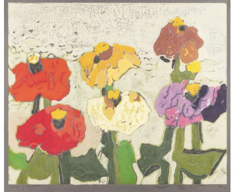 KLAUS FUSSMANN1938 Velbert'ZINNIEN' Farblinolschnitt auf grünem Büttenpapier. DM 45 x 51 cm, BM 47,8 x 55,5 cm (R. 63,5 x 79 
