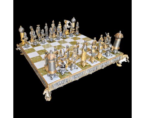 A Thirty Three Piece Piero Benzoni Green Onyx and Marble Silver-Plated and Gilt Bronze Chess Set, Italy, 60-70 years of the 2