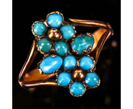 A Georgian turquoise pansy ring, unmarked gold settings with cabochon turquoise and closed backs, setting height 14.5mm, size