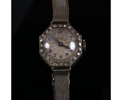 A lady's Art Deco 18ct white gold diamond cocktail bracelet watch, by Genex, engine turned octagonal dial with Arabic numeral