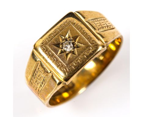 An early 20th century 9ct gold diamond signet ring, engraved Greek Key decoration with single-cut diamond, hallmarks Birmingh