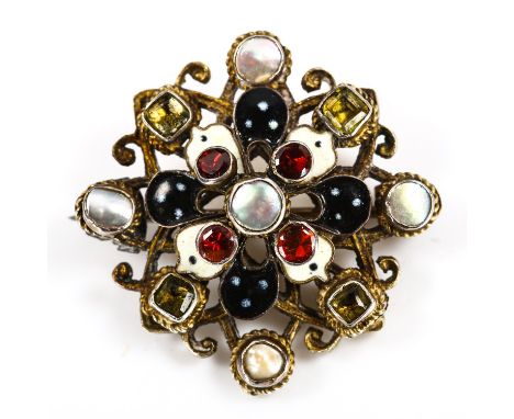 An Austro-Hungarian enamel and stone set brooch, with blister pearl accents, brooch length 30.9mm, 7.6gNo damage, all stones 