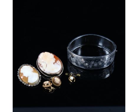 Various jewellery, including 9ct gold cameo earrings, silver hinged bangle etcLot sold as seen unless specific item(s) reques