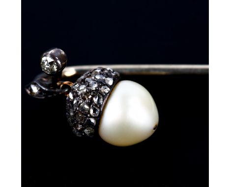 An early 20th century rose-cut diamond and pearl acorn stickpin, unmarked white metal settings with rose and old-cut diamonds